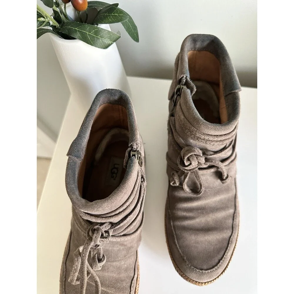 UGG Elora Women's 7.5 Grey Suede Wrap Lace Ankle Boots Side Zip 1019129 - Picture 3 of 11